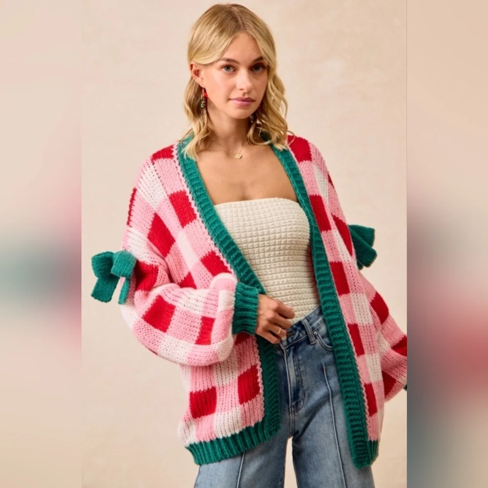 *TRENDING* BiBi Checkered Plaid Oversized Chunky Cardigan Holiday Christmas - Picture 1 of 4